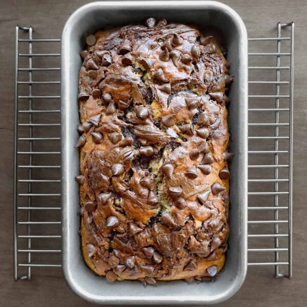 Banana bread with nutella swirl,  Belgian chocolate chips & walnuts